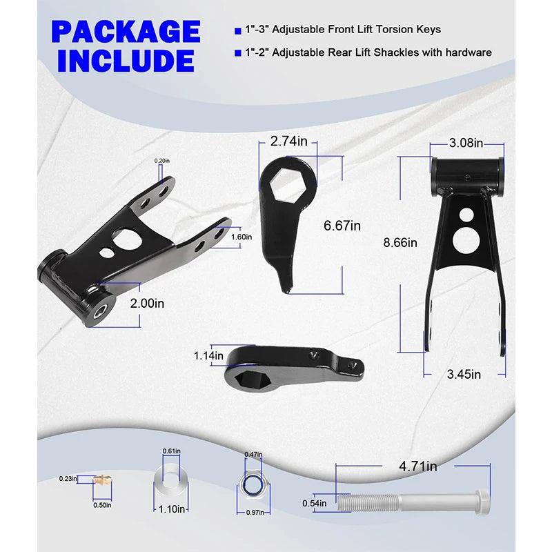 3" Front 2" Rear Leveling Lift Kit, for 1998-2011 Ford Ranger 4X4 and for 2WD models Edge & Sport, Torsion Bar Suspension ONLY