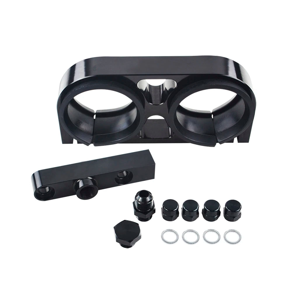VR - Twin Fuel Pump Bracket Billet Aluminium Assembly OUTLET Manifold In Black for 044 Fuel Pump W/ PQY Logo VR-LD2642-QY