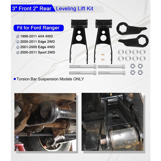 3" Front 2" Rear Leveling Lift Kit, for 1998-2011 Ford Ranger 4X4 and for 2WD models Edge & Sport, Torsion Bar Suspension ONLY