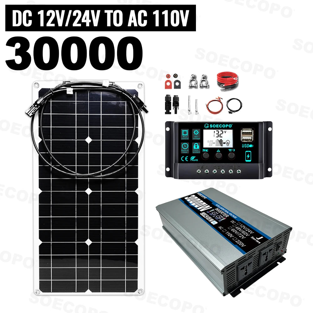 High Efficiency 30000W Solar Kit Power Supply 2200W Inverter+100A Controller 12V Off-Grid System Camping Accessories for RV Home