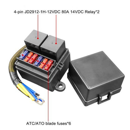 6-way pre-wired fuse relay box, 2 80A wide-foot relay slots and 6 fuse brackets