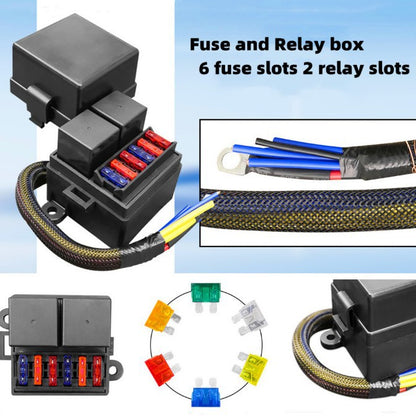 6-way pre-wired fuse relay box, 2 80A wide-foot relay slots and 6 fuse brackets