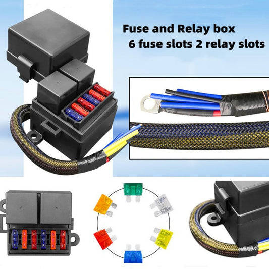 6-way pre-wired fuse relay box, 2 80A wide-foot relay slots and 6 fuse brackets