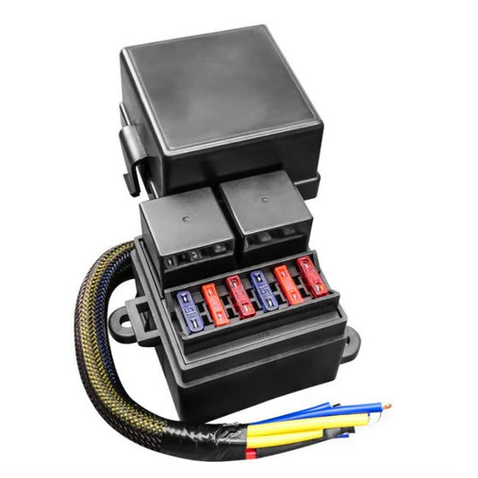 6-way pre-wired fuse relay box, 2 80A wide-foot relay slots and 6 fuse brackets