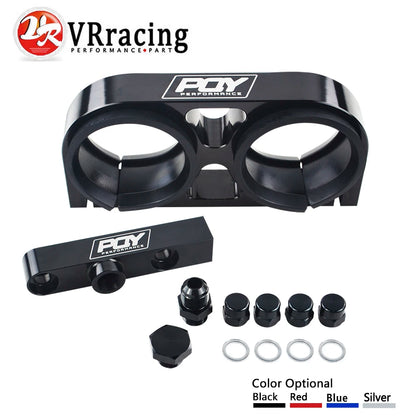 VR - Twin Fuel Pump Bracket Billet Aluminium Assembly OUTLET Manifold In Black for 044 Fuel Pump W/ PQY Logo VR-LD2642-QY