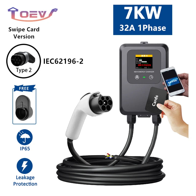 Electric Car Charger 7KW EV Charger Type2 / Type1 / GBT EV Charging Station 32A 1Phase Wallbox Type 2 Type 1 GB/T with Cards