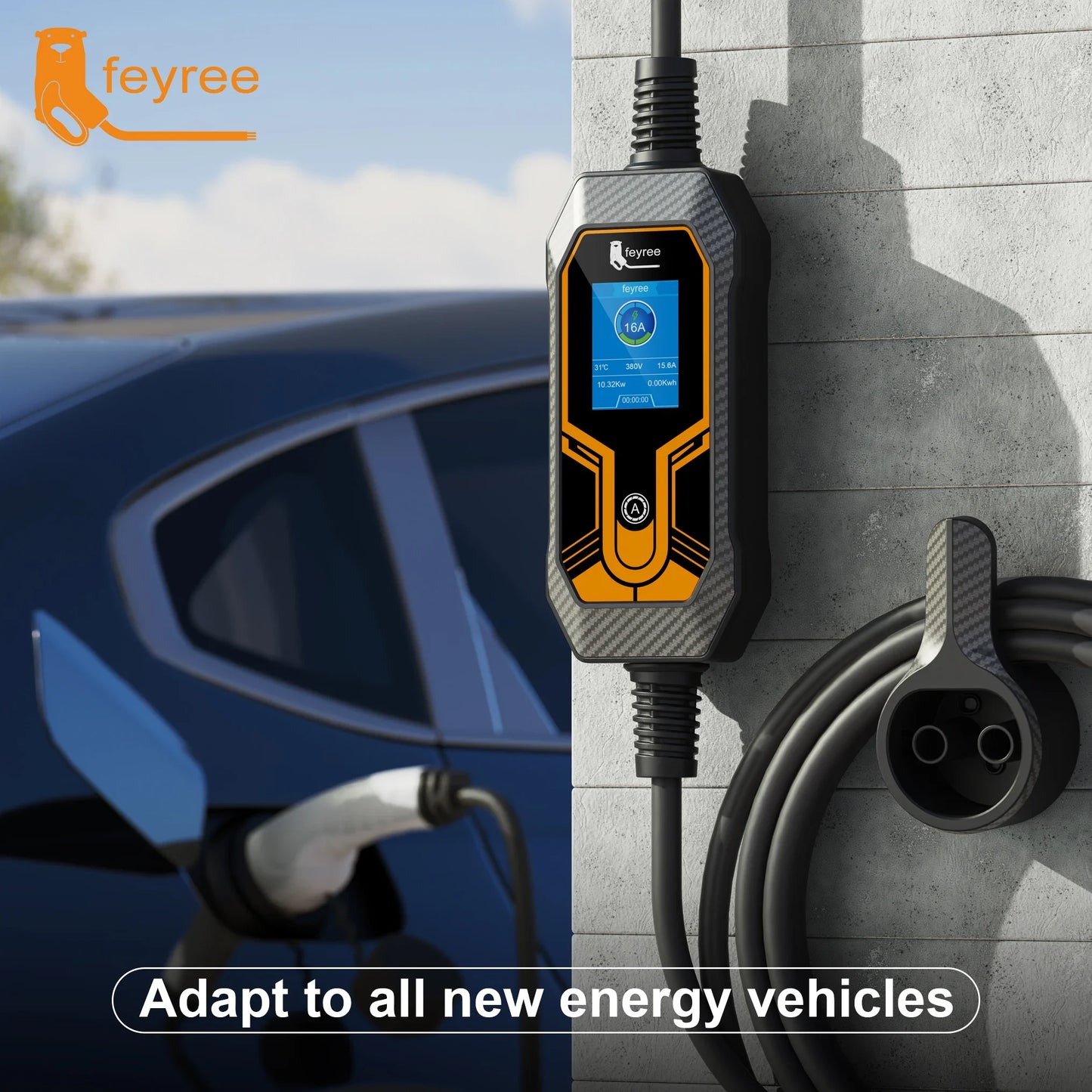 Feyree 11KW Type2 Cable 16A 3Phase EV Portable Charger 32A 7KW EVSE Charging Box 5M Cable CEE Male Plug for Electric Car Charger
