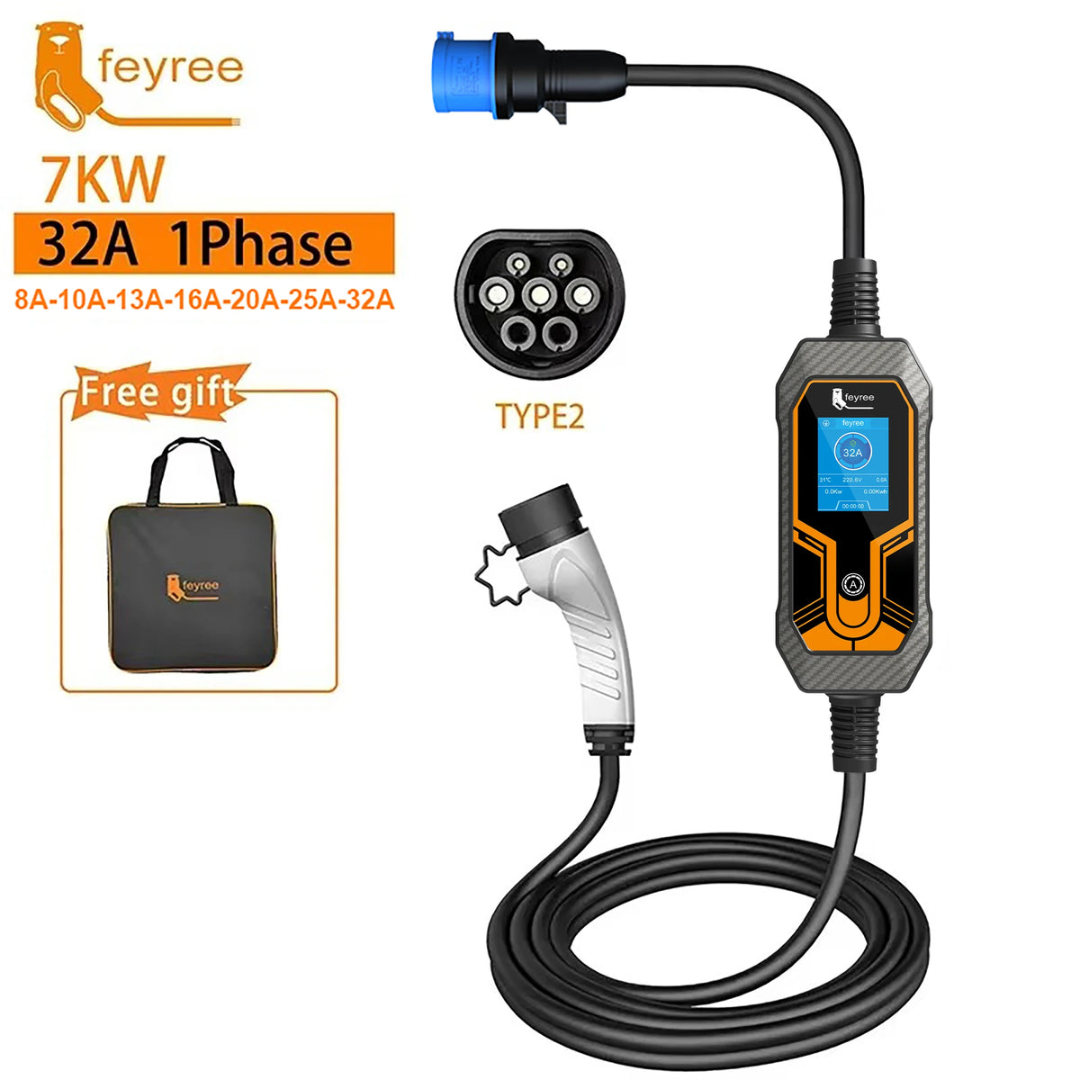 Feyree 11KW Type2 Cable 16A 3Phase EV Portable Charger 32A 7KW EVSE Charging Box 5M Cable CEE Male Plug for Electric Car Charger