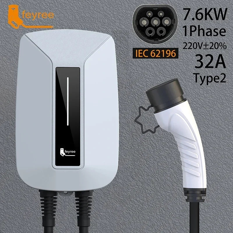 feyree EVSE Wallbox EV Charger Type2 32A 7KW 1 Phase IEC62196-2 Plug  Electric Vehicle Charging Station Car Charger 5m Cable
