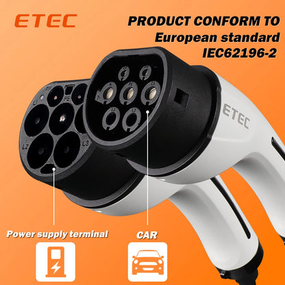 ETEC EV Charger Plug Type2 Cable 16A 32A 8KW 11KW 22KW 1Phase 3Phase Car Charging Station for Electric Car IEC62196-2 EKEP3