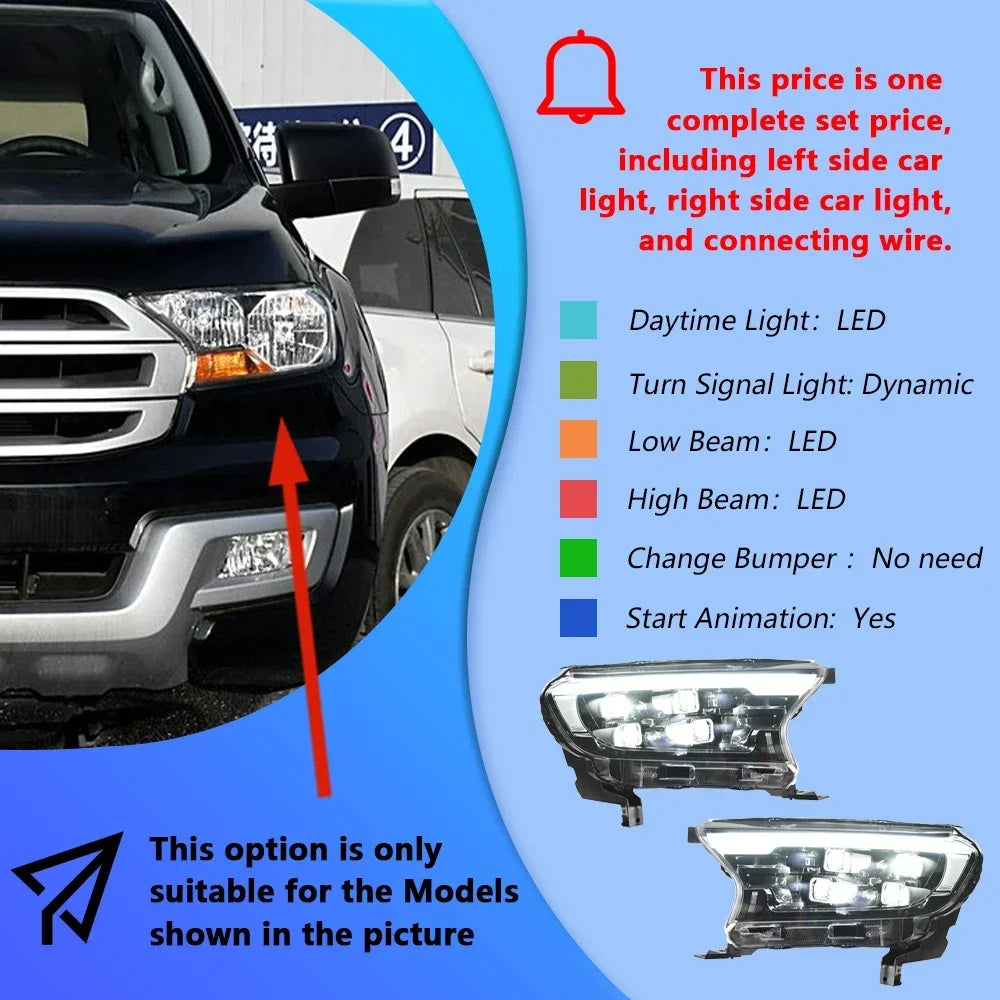 For Ford Ranger 2016-2020 LED Auto Headlights Assembly Upgrade Dynamic DRL 4 Projector Lens Tool Car Front Lamps Accessories