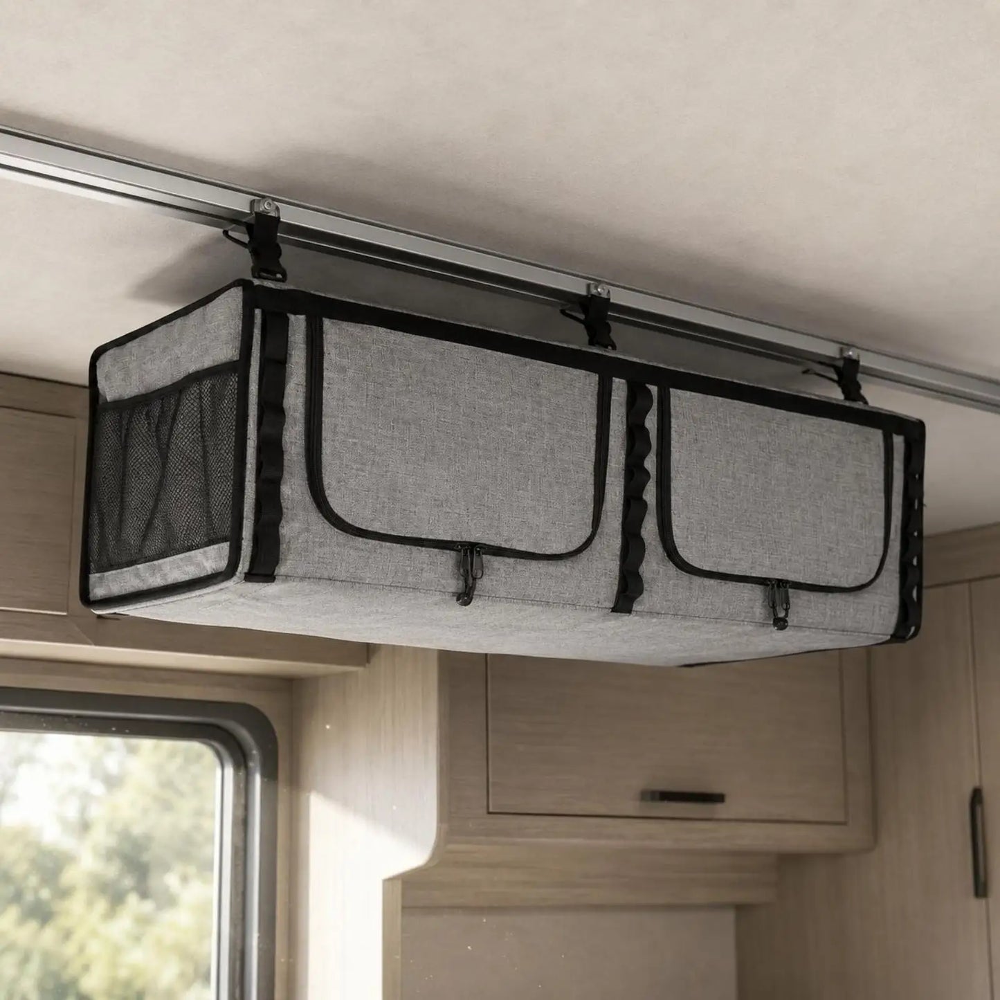 RV Overhead Storage Vehicle Roof Hanging Cabinet Soft Polyester Organizer Two Zip Pockets Breathable Mesh Panels
