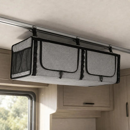 RV Overhead Storage Vehicle Roof Hanging Cabinet Soft Polyester Organizer Two Zip Pockets Breathable Mesh Panels