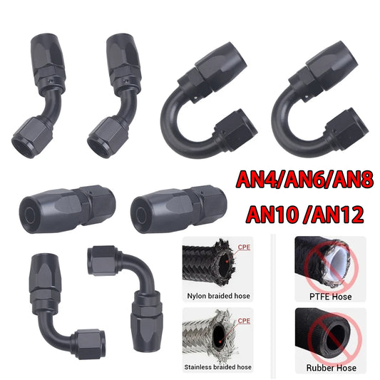 2Pcs Universal Black AN4 AN6 AN8 AN10 Straight 45 90 180 Degree Oil Fuel Swivel Hose End Fitting Oil Hose End Adaptor Kit
