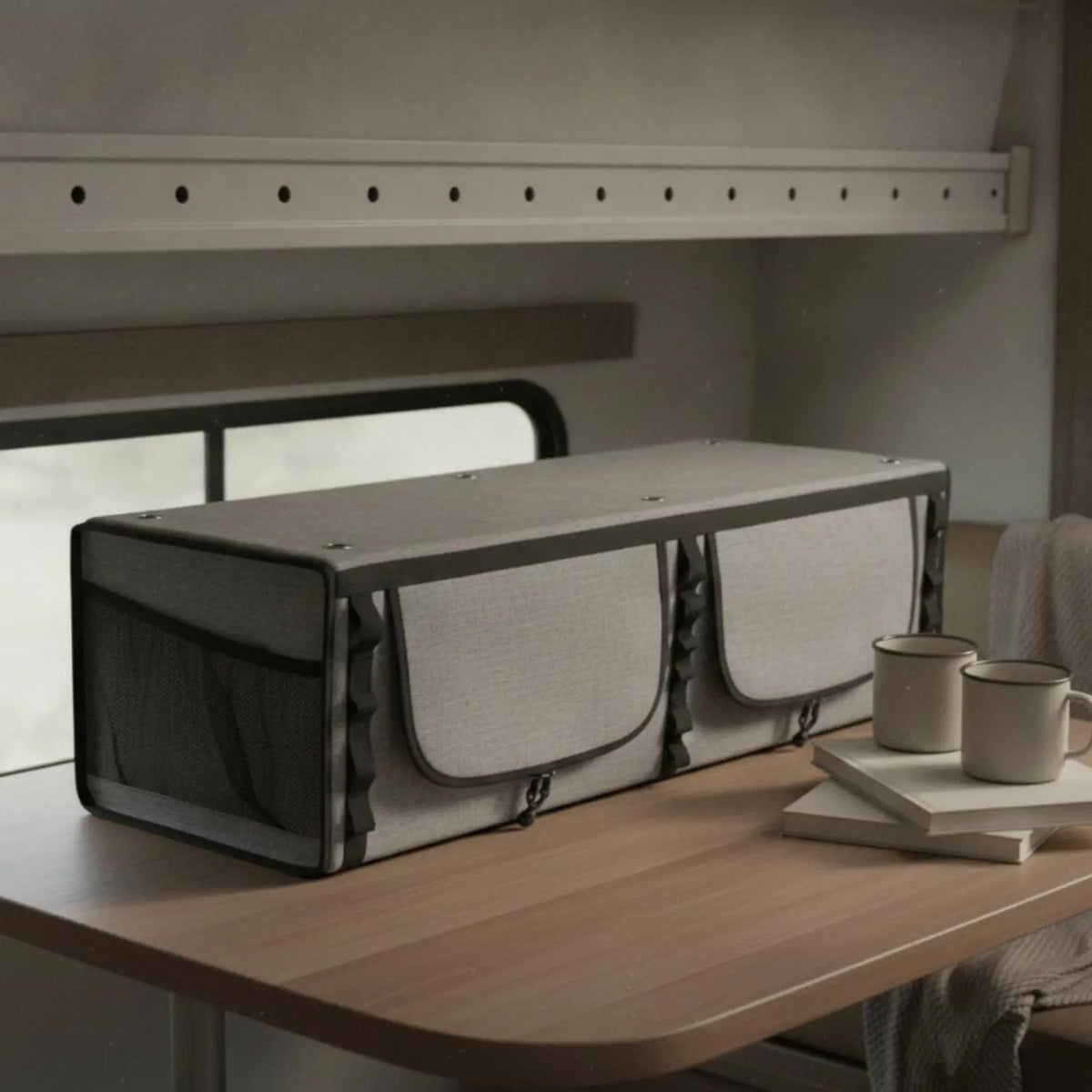RV Overhead Storage Vehicle Roof Hanging Cabinet Soft Polyester Organizer Two Zip Pockets Breathable Mesh Panels
