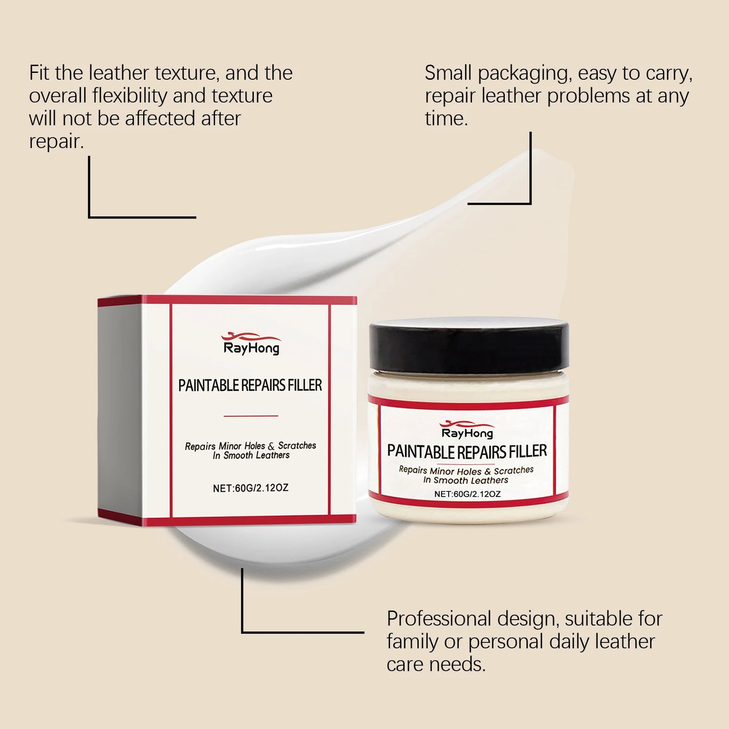Rayhong 60ml Leather Filling Paste for Car Seat Scratch Repair, Sofa Leather Damage Refurbishment Repair Paste