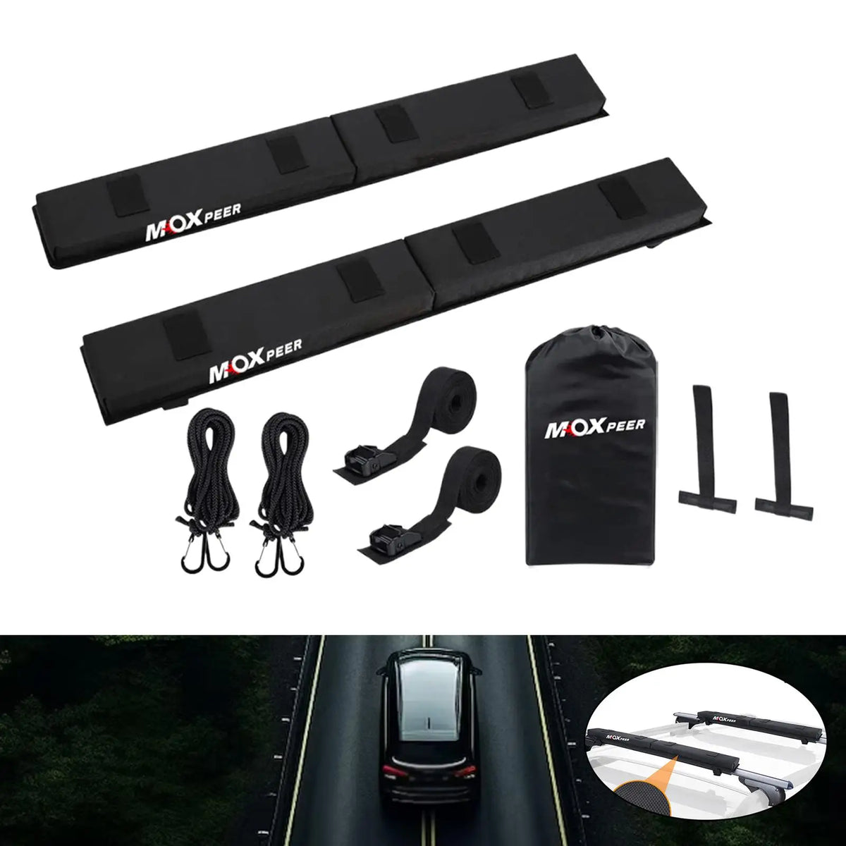 Car Soft Roof Rack Pads Set Easy Installation Portable with Tie Down Straps and Ropes for Snowboard Kayak Canoe Paddleboard