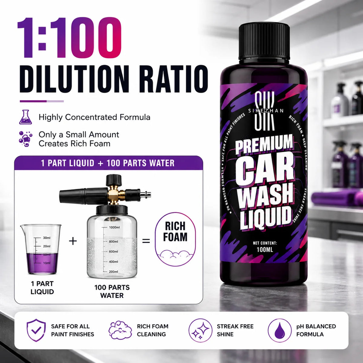 100ml Pink Foaming Extreme Bodywash & Wax Foaming Car Wash Soap, (Works with Foam Cannons/Guns or Bucket Washes) for Cars