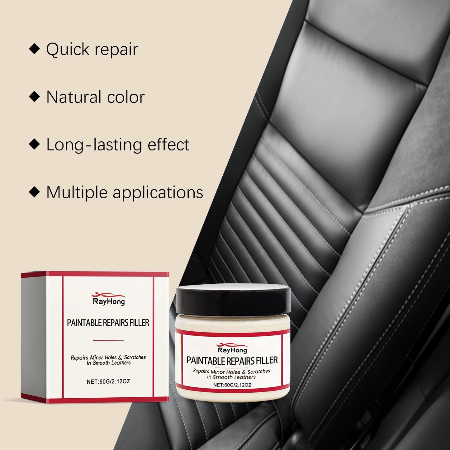 Rayhong 60ml Leather Filling Paste for Car Seat Scratch Repair, Sofa Leather Damage Refurbishment Repair Paste