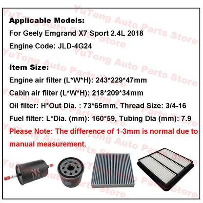 2-4pcs Filter Set For Geely Emgrand X7 Sport 2.4L GL AT 2018 JLD-4G24 Engine Cabin A/C Air Oil Filter Cleaner Kit Spare Parts