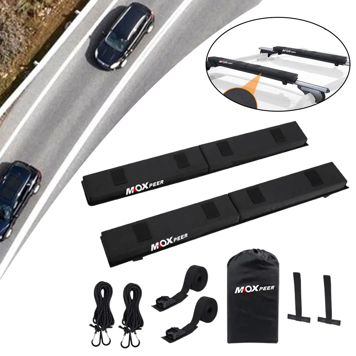 Car Soft Roof Rack Pads Set Easy Installation Portable with Tie Down Straps and Ropes for Snowboard Kayak Canoe Paddleboard
