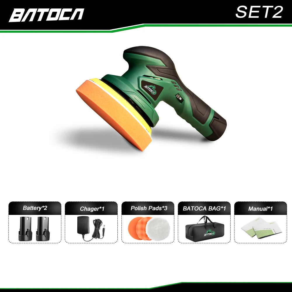 BATOCA 12V Cordless Car Polisher Brushless Dual Action DA Buffer Wireless Car Polishing Machine with 2pcs 2.0Ah Battery