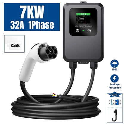 Electric Car Charger 7KW EV Charger Type2 / Type1 / GBT EV Charging Station 32A 1Phase Wallbox Type 2 Type 1 GB/T with Cards