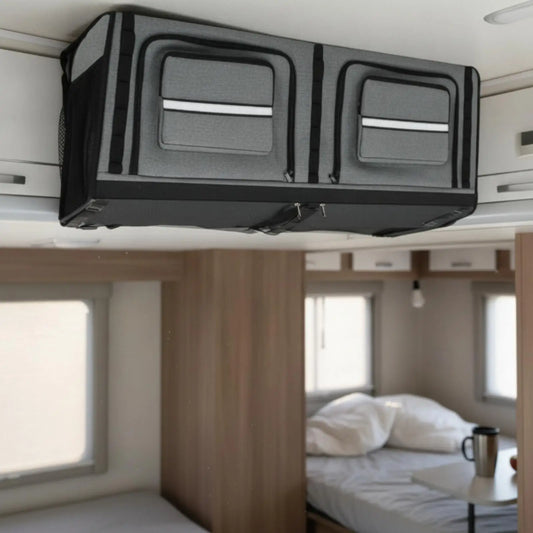 RV Overhead Storage Vehicle Roof Hanging Cabinet Soft Polyester Organizer Two Zip Pockets Breathable Mesh Panels