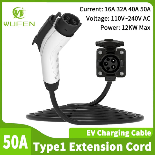 WUFEN EV Charger J1772 Extension Cord 50A Max 12KW Type 1 to J1772 EV Charging Cable Type 1 Extension Cord for J1772 EVs/PHEVs
