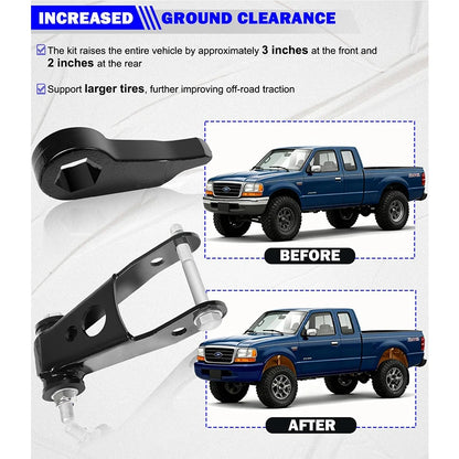 3" Front 2" Rear Leveling Lift Kit, for 1998-2011 Ford Ranger 4X4 and for 2WD models Edge & Sport, Torsion Bar Suspension ONLY
