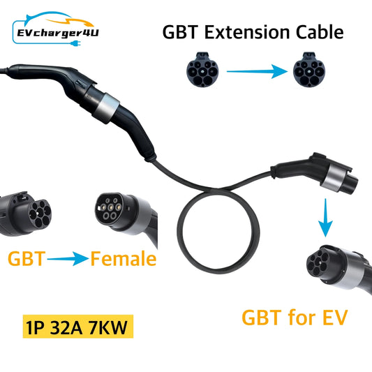 EVcharger4U GBT EXTENSION EV Charging Cable 4M 1Phase/3Phase 7kw 22kw for GB/T Portable Charger and Wallbox for Chinese EVS