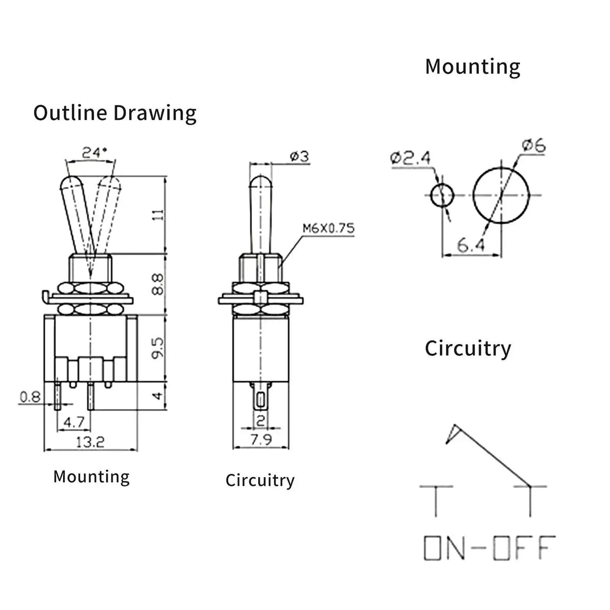 10pcs DPDT Mini Toggle Switch 2pin 2 Position ON/Off Miniature Toggle Switch 6A 125V Toggle Switch