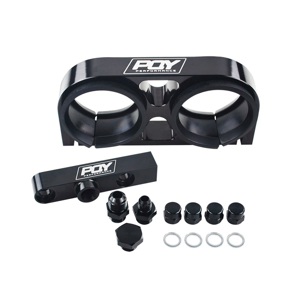VR - Twin Fuel Pump Bracket Billet Aluminium Assembly OUTLET Manifold In Black for 044 Fuel Pump W/ PQY Logo VR-LD2642-QY