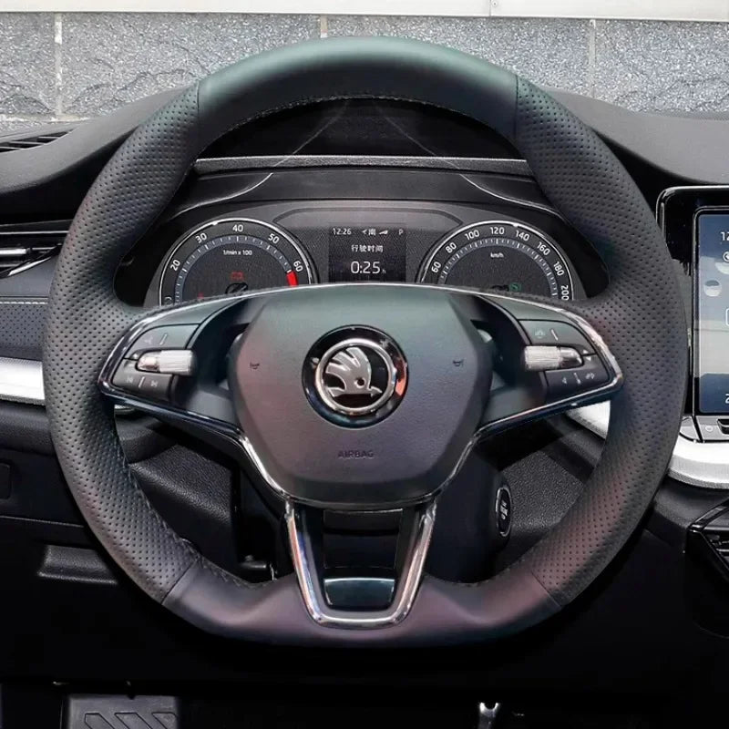 Hand Stitched Car Steering Wheel Cover for Skoda Karoq sport Karoq Scala 2024 2023 2022 DIY Soft Suede leather Car Interior