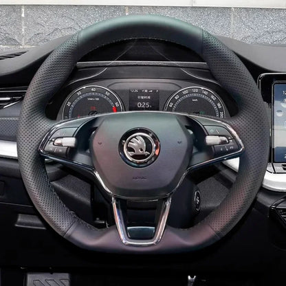 Hand Stitched Car Steering Wheel Cover for Skoda Karoq sport Karoq Scala 2024 2023 2022 DIY Soft Suede leather Car Interior