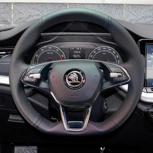 Hand Stitched Car Steering Wheel Cover for Skoda Karoq sport Karoq Scala 2024 2023 2022 DIY Soft Suede leather Car Interior
