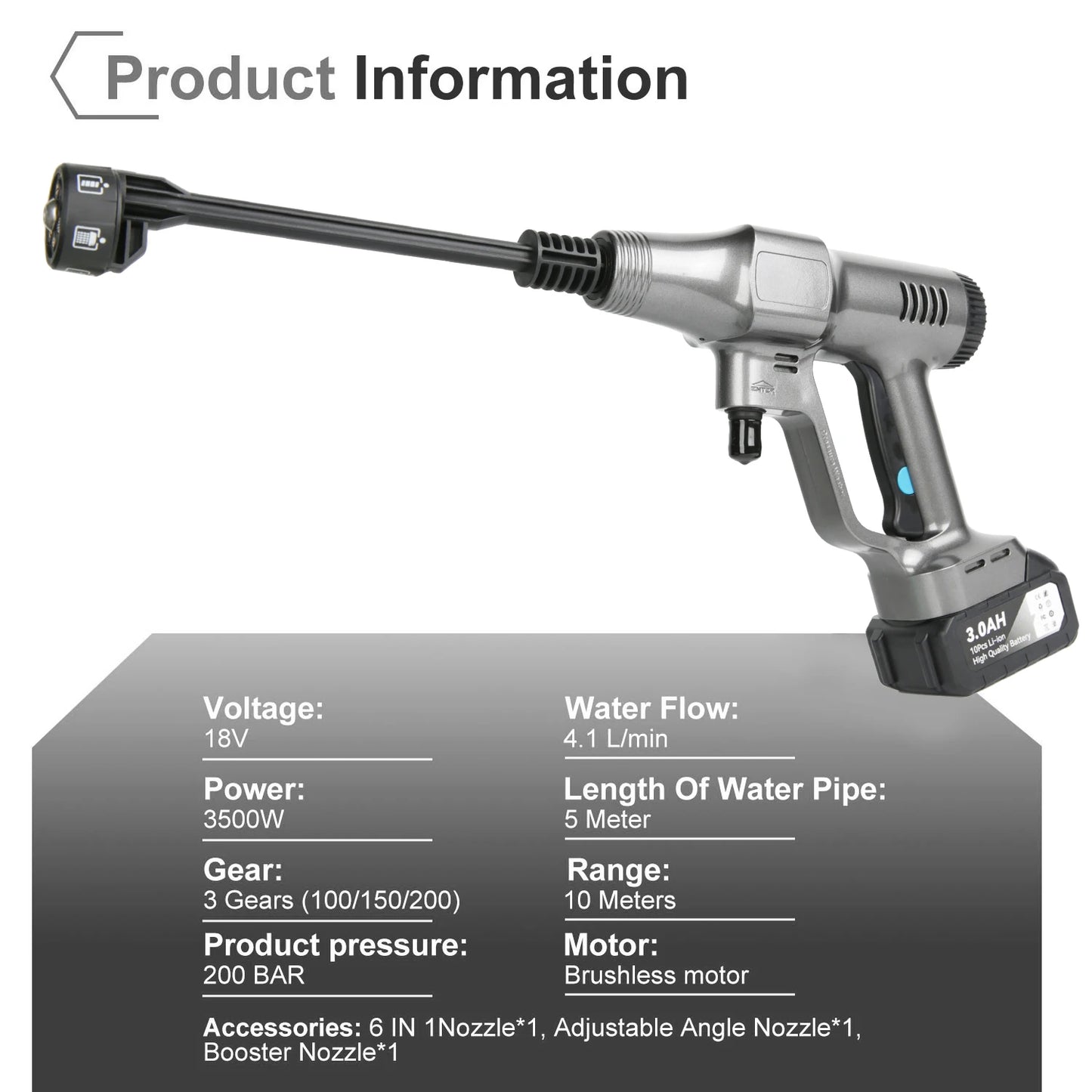 Brushless High Pressure Washer Gun 200Bar 6 in 1 Car Washing Water Spray Attachment For Makita 21V Battery Garden Hose