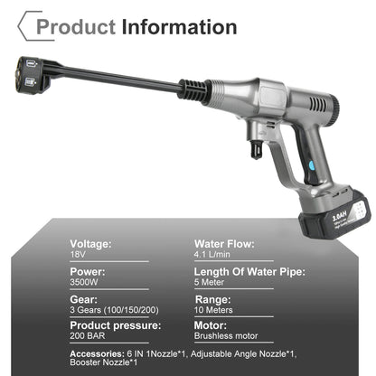 Brushless High Pressure Washer Gun 200Bar 6 in 1 Car Washing Water Spray Attachment For Makita 21V Battery Garden Hose