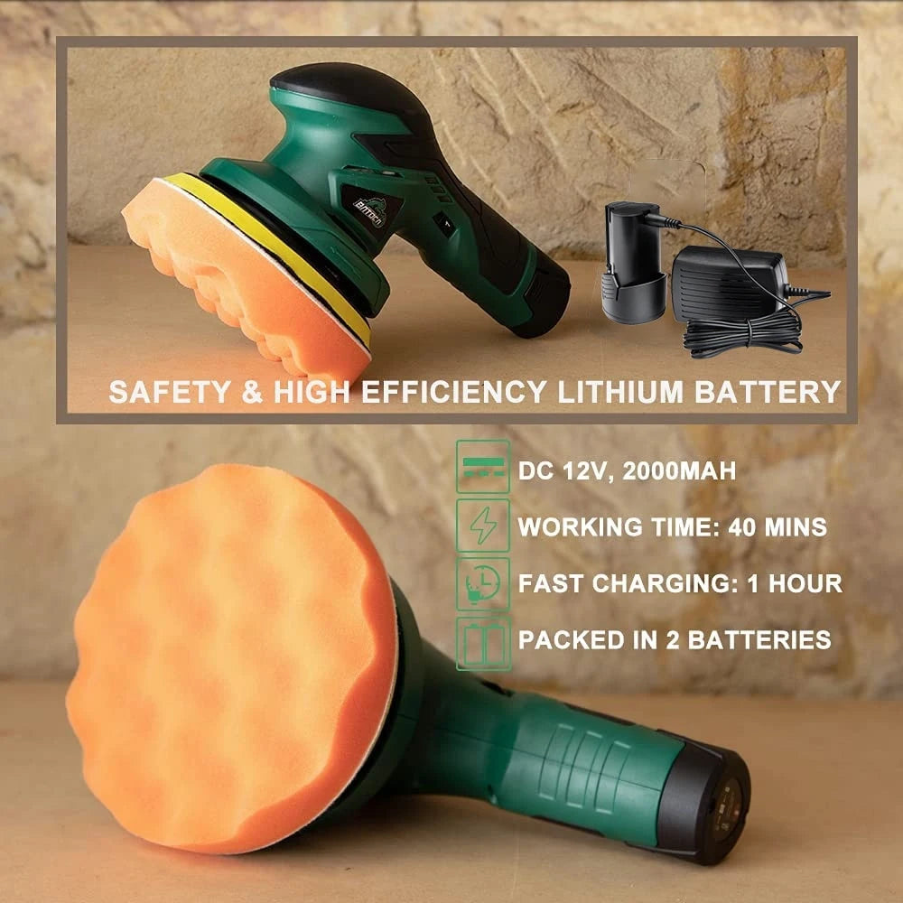 BATOCA 12V Cordless Car Polisher Brushless Dual Action DA Buffer Wireless Car Polishing Machine with 2pcs 2.0Ah Battery