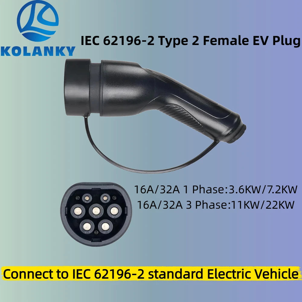 Kolanky 22KW Type 2 EVs Female EV Charger Plug 3 Phase 16A IEC 62196-2 EV Charger Connector for Electric Vehicle