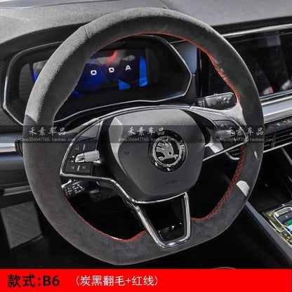 Hand Stitched Car Steering Wheel Cover for Skoda Karoq sport Karoq Scala 2024 2023 2022 DIY Soft Suede leather Car Interior